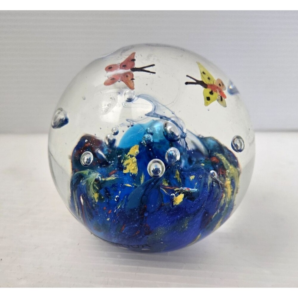 Vintage Art Glass Paperweight Controlled Bubbles Butterflies Coral Reef Bermuda